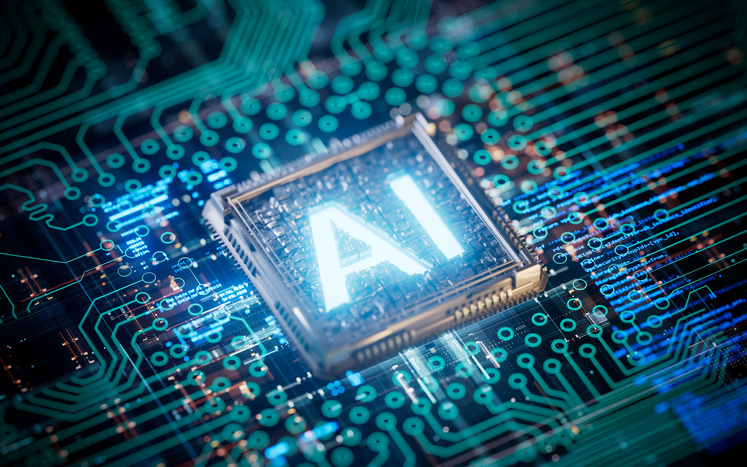 AI Artificial Intelligence Symbol surrounded by a motherboard