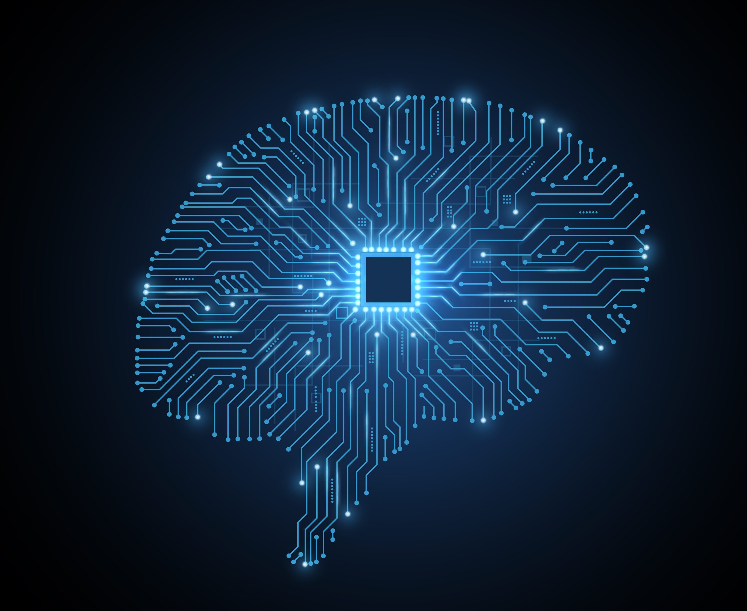 Brain-shaped circuit board with chip.